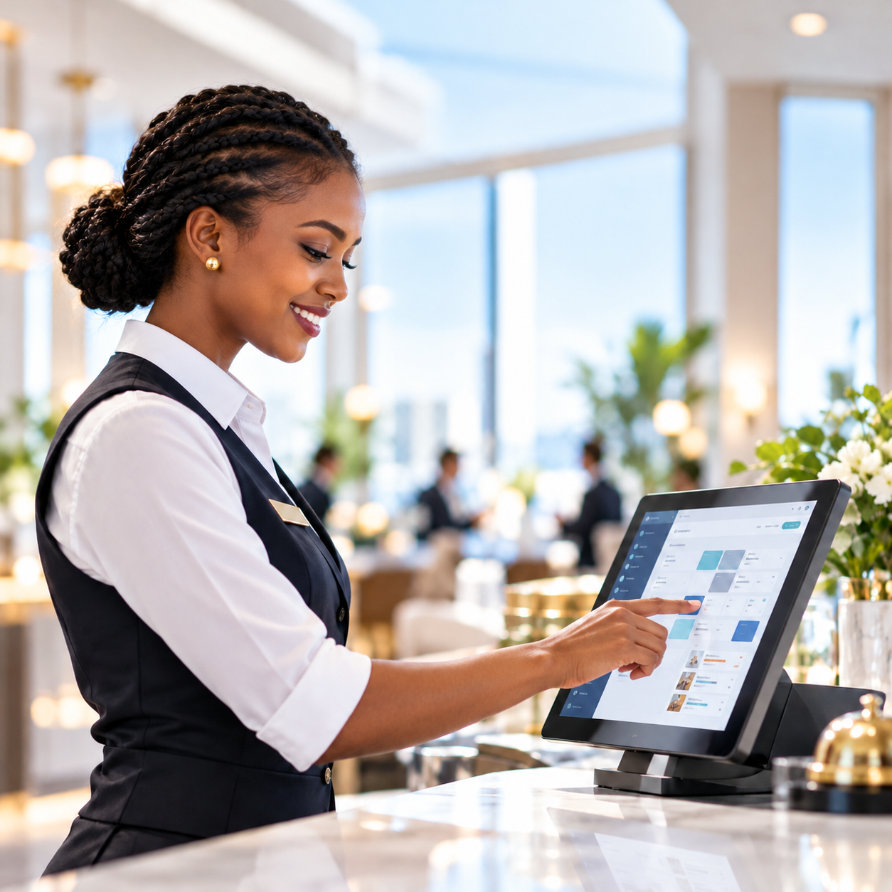 Hospitality team member using a touchscreen at reception